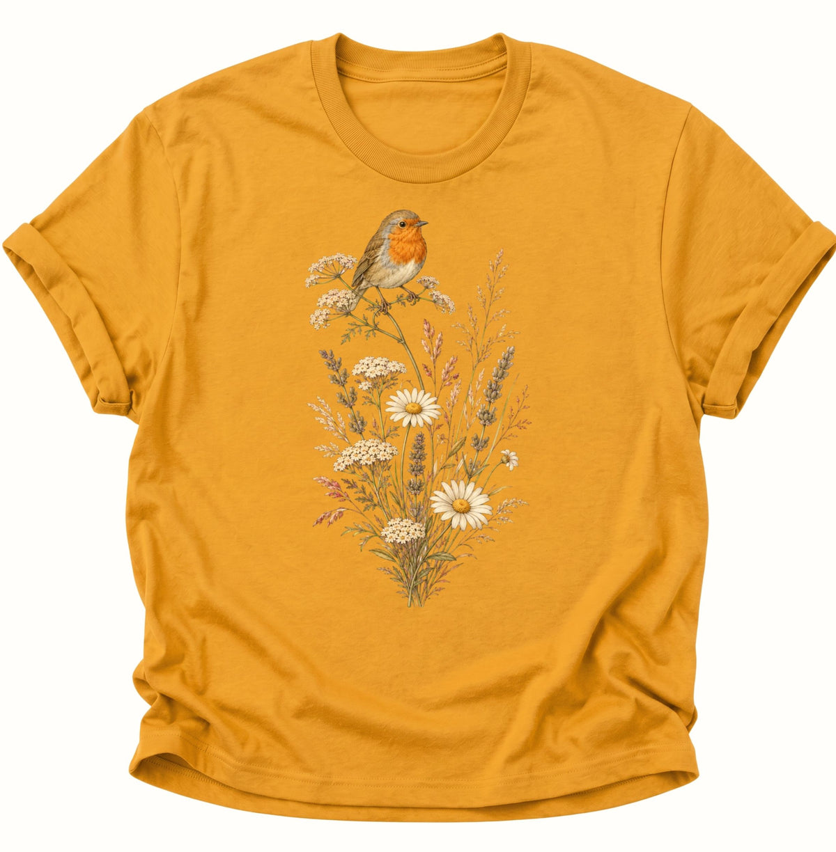 Rotkehlchen auf Wildblumen Unisex T-Shirt Gelb - PINE & RIVER