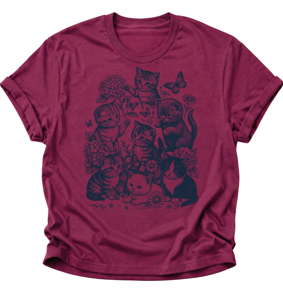 Kätzchen mit Blumen und Schmetterlingen Unisex T-Shirt Cardinal Red - PINE & RIVER