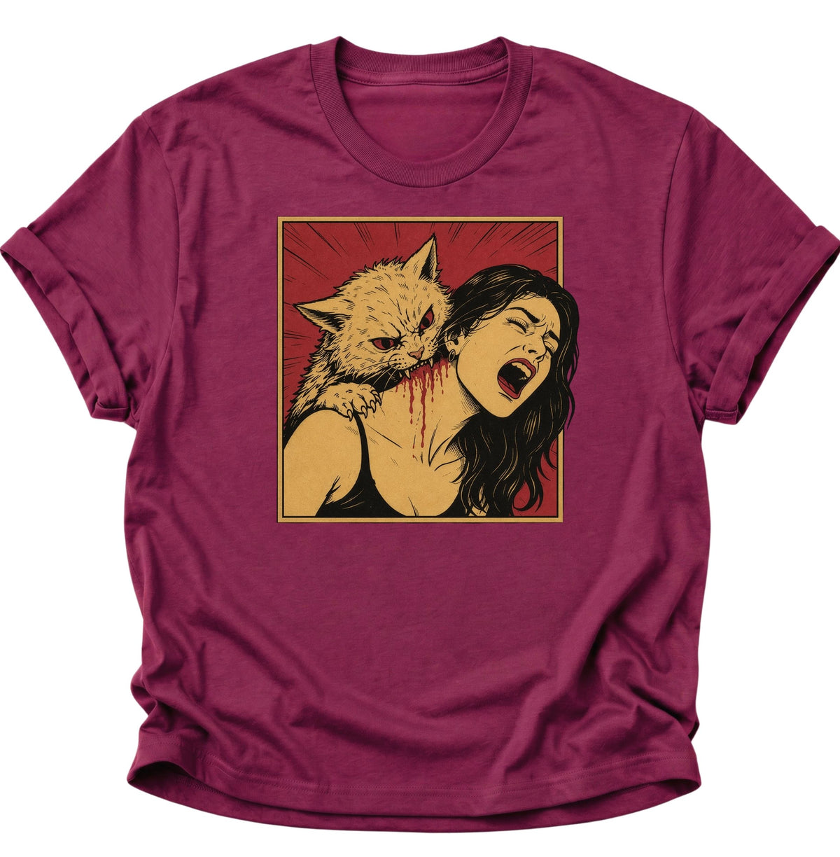 Vampier Katze im Retro-Comic Unisex T-Shirt Cardinal Red - PINE & RIVER