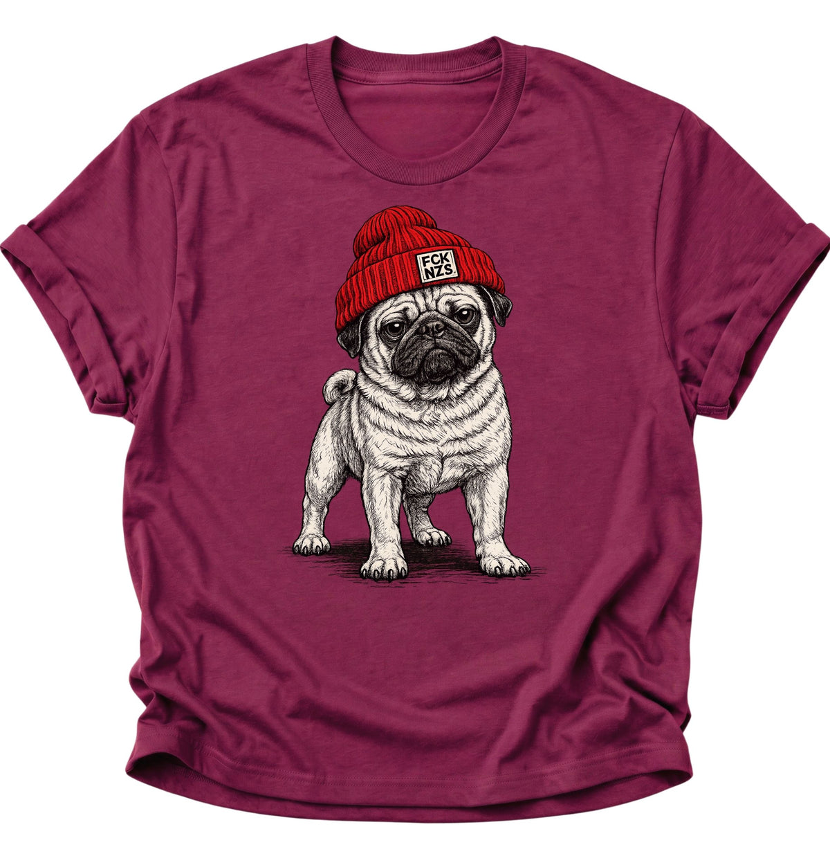 Mops mit Strickmütze gegen rechts Unisex T-Shirt Cardinal Red - PINE & RIVER