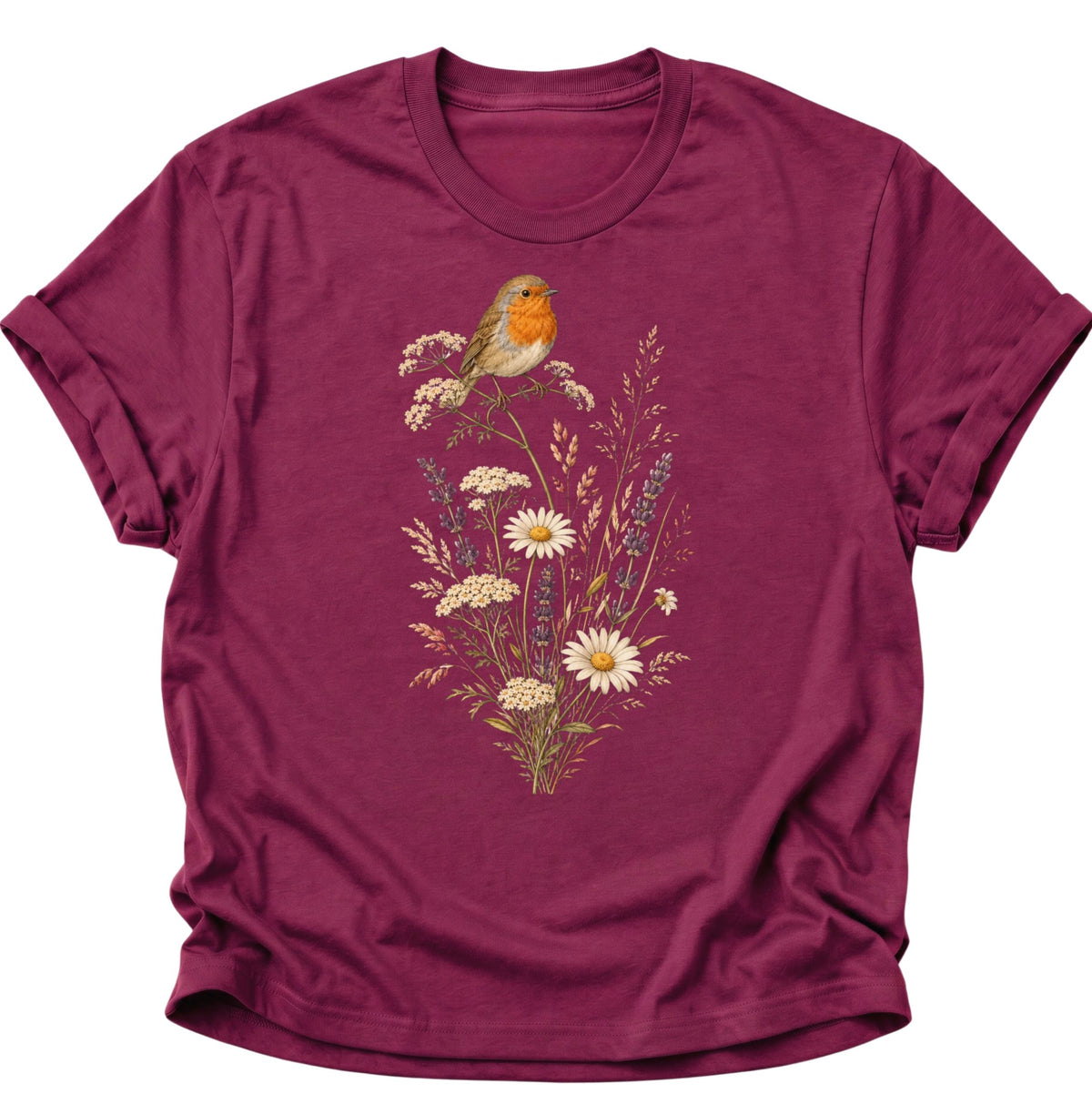 Rotkehlchen auf Wildblumen Unisex T-Shirt Cardinal Red - PINE & RIVER