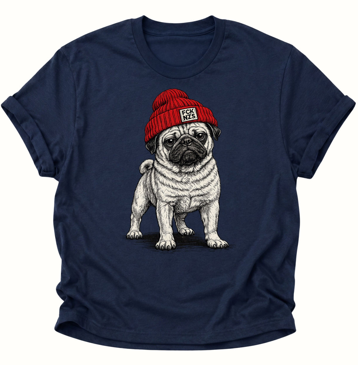Mops mit Strickmütze gegen rechts Unisex T-Shirt Navy Blue - PINE & RIVER
