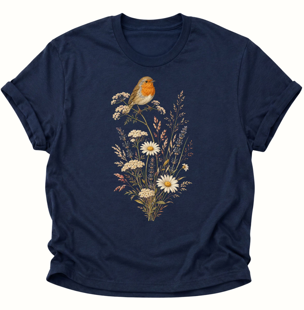 Rotkehlchen auf Wildblumen Unisex T-Shirt Navy Blue - PINE & RIVER
