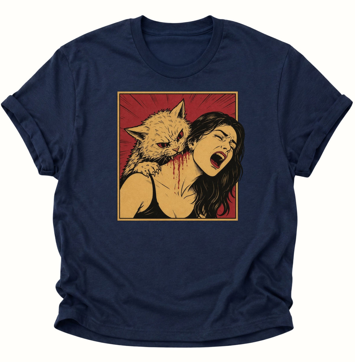 Vampier Katze im Retro-Comic Unisex T-Shirt Navy Blue - PINE & RIVER