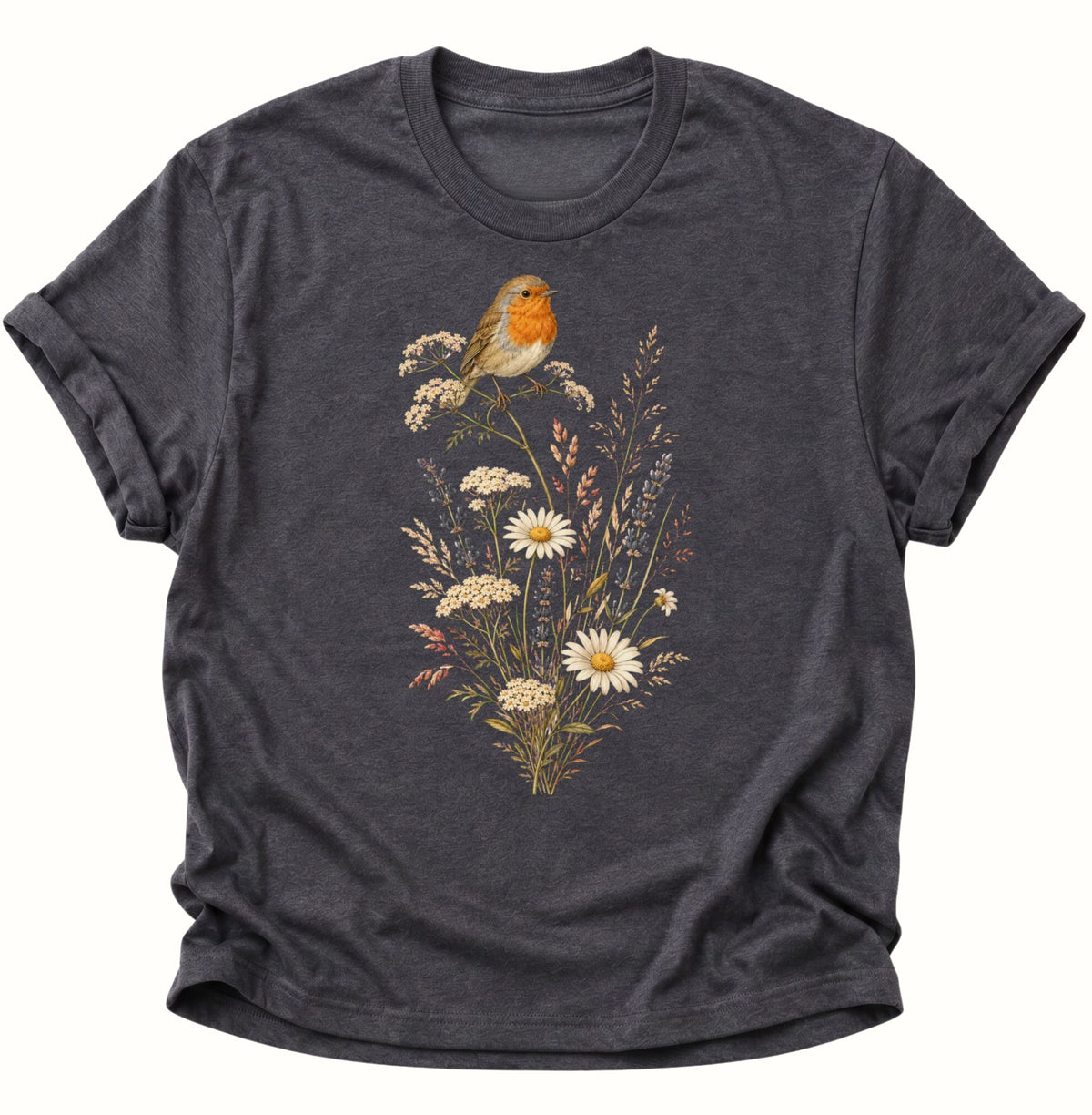 Rotkehlchen auf Wildblumen Unisex T-Shirt Dark Heather - PINE & RIVER