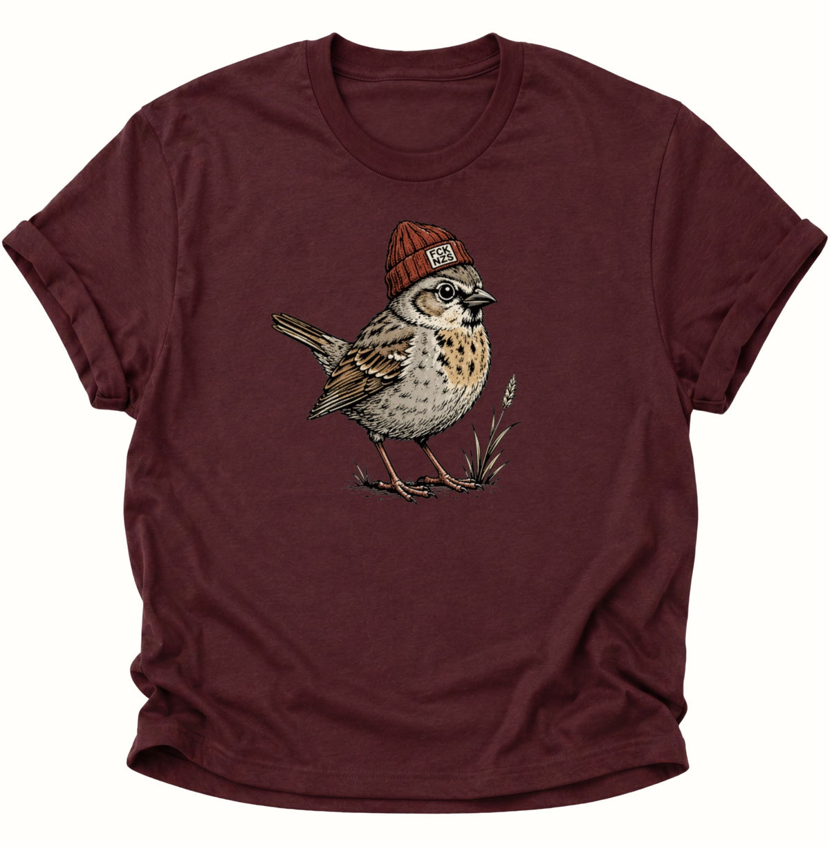 Spatz mit Strickmütze gegen rechts Unisex T-Shirt Maroon - PINE & RIVER