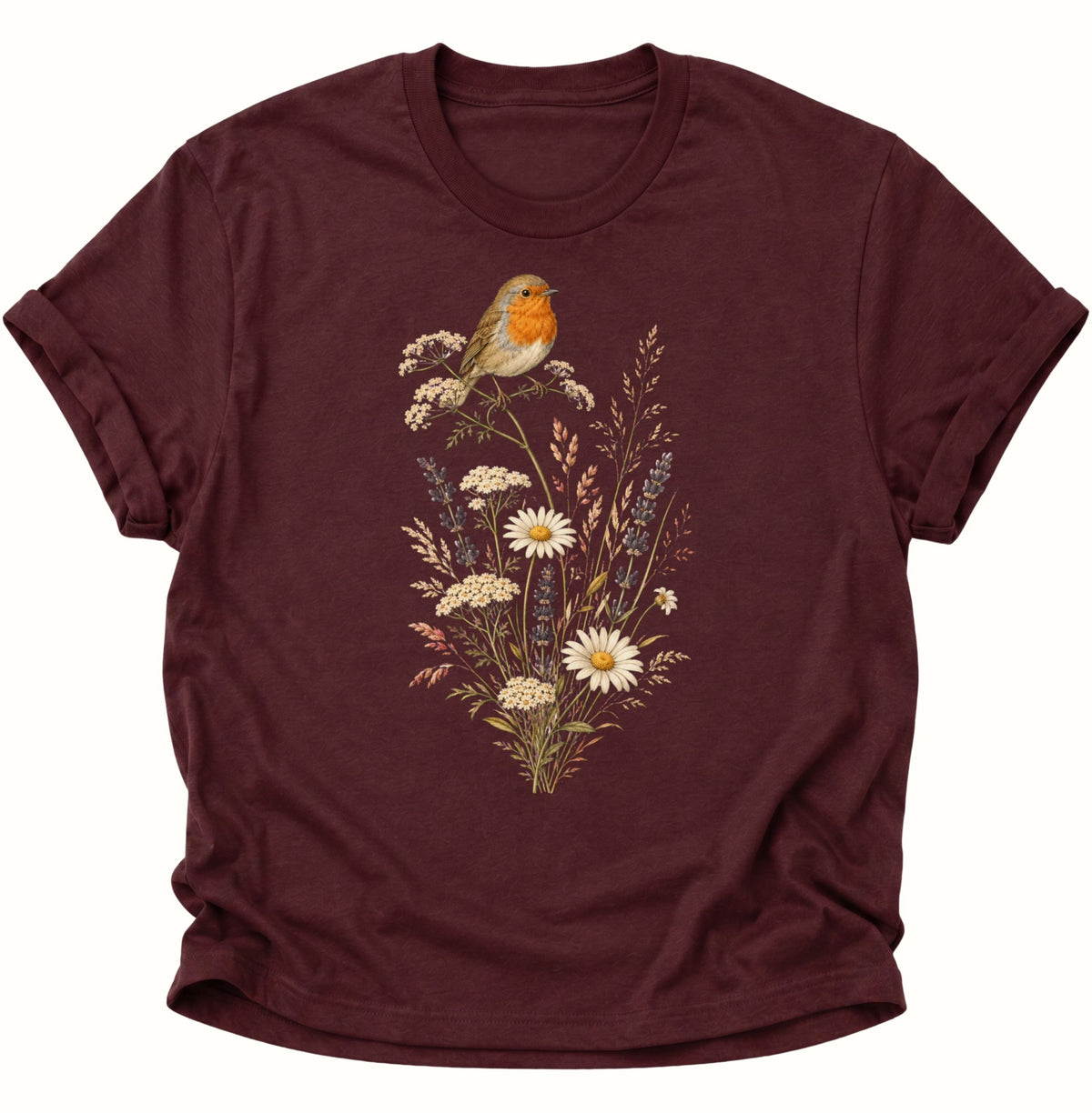 Rotkehlchen auf Wildblumen Unisex T-Shirt Maroon - PINE & RIVER
