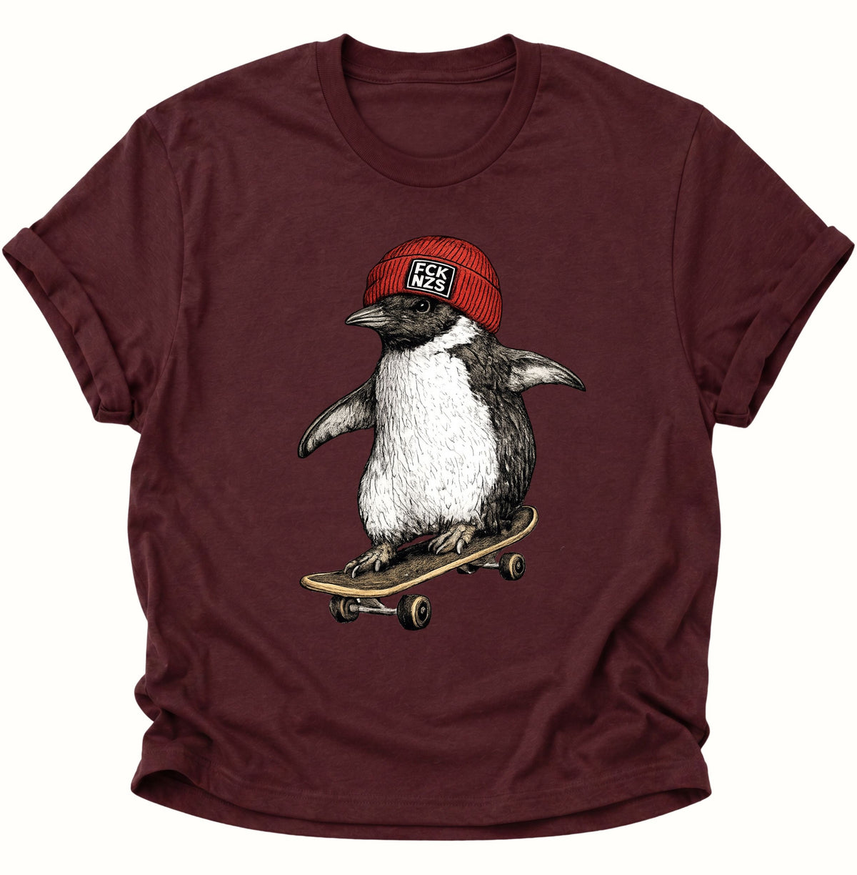 Skateboard-Pinguin gegen rechts Unisex T-Shirt Maroon - PINE & RIVER