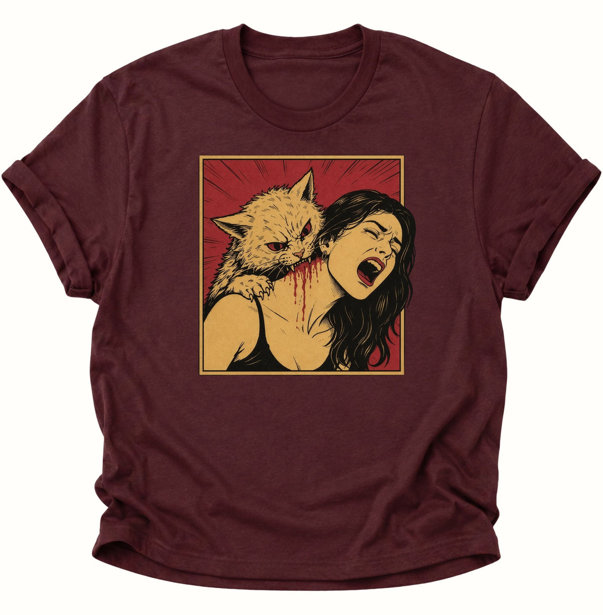 Vampier Katze im Retro-Comic Unisex T-Shirt Maroon - PINE & RIVER