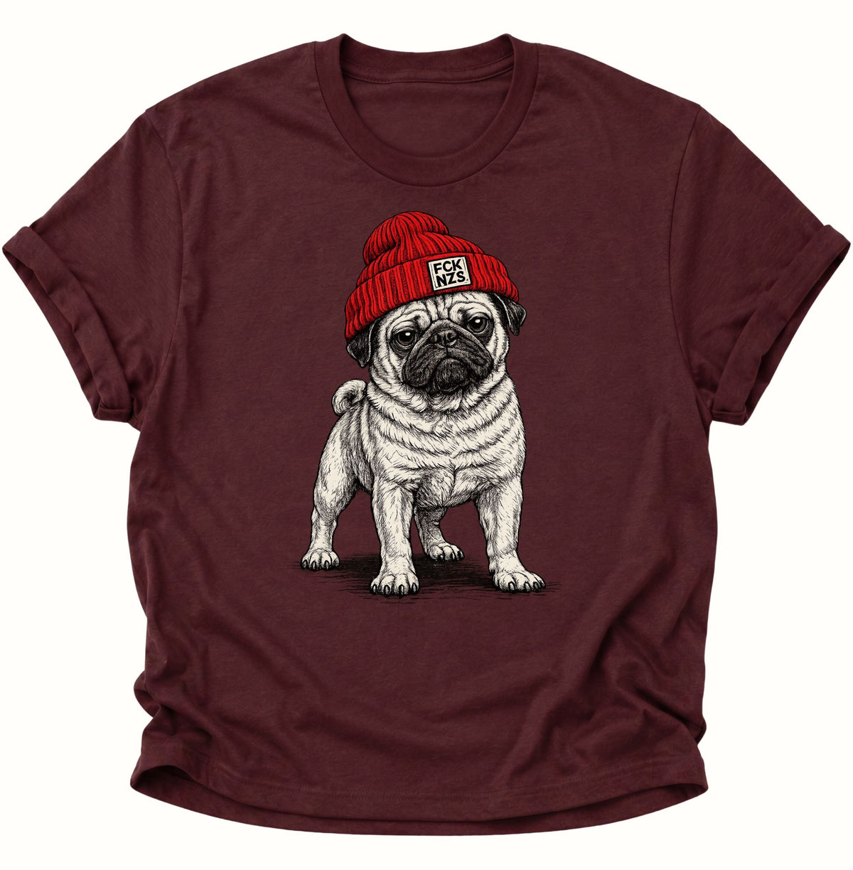 Mops mit Strickmütze gegen rechts Unisex T-Shirt Maroon - PINE & RIVER