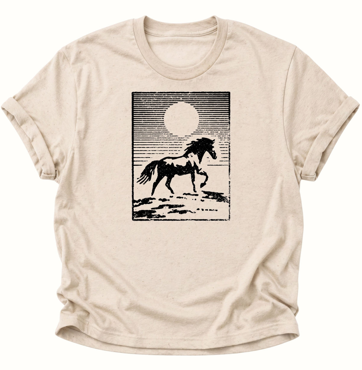 Wildpferd vor Sonne Linolschnitt Unisex T-Shirt