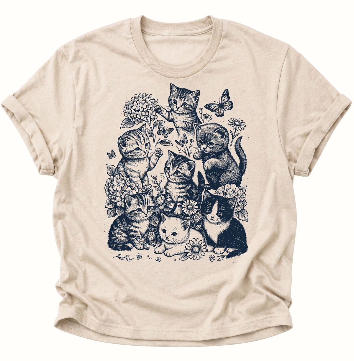 Kätzchen mit Blumen und Schmetterlingen Unisex T-Shirt Nature - PINE & RIVER