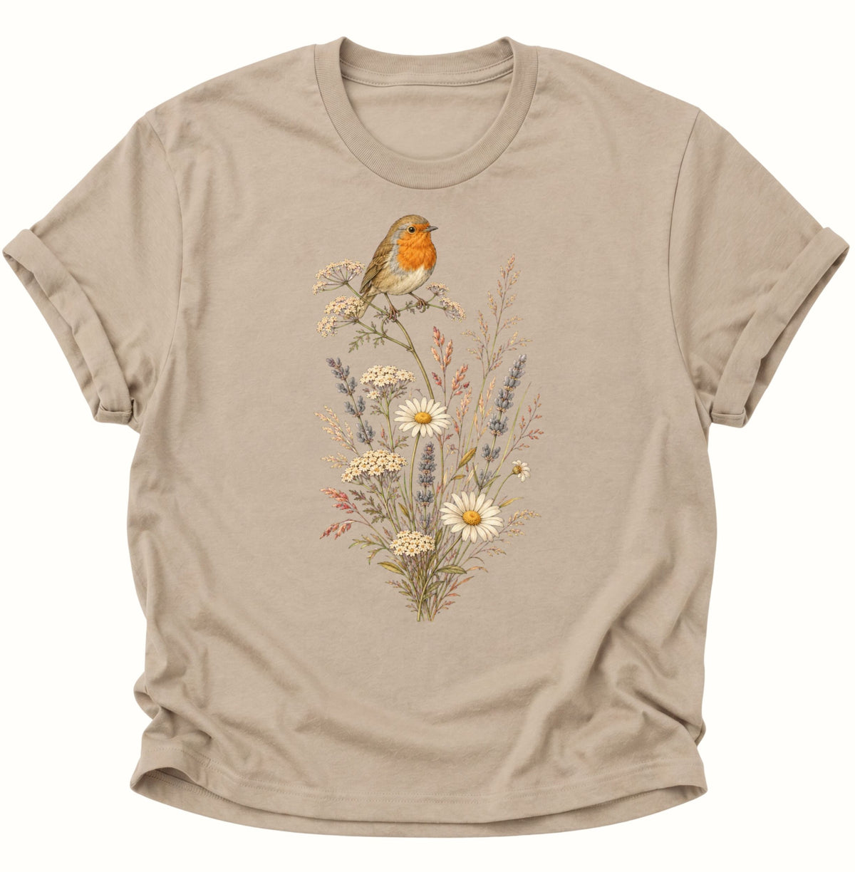 Rotkehlchen auf Wildblumen Unisex T-Shirt Sand - PINE & RIVER