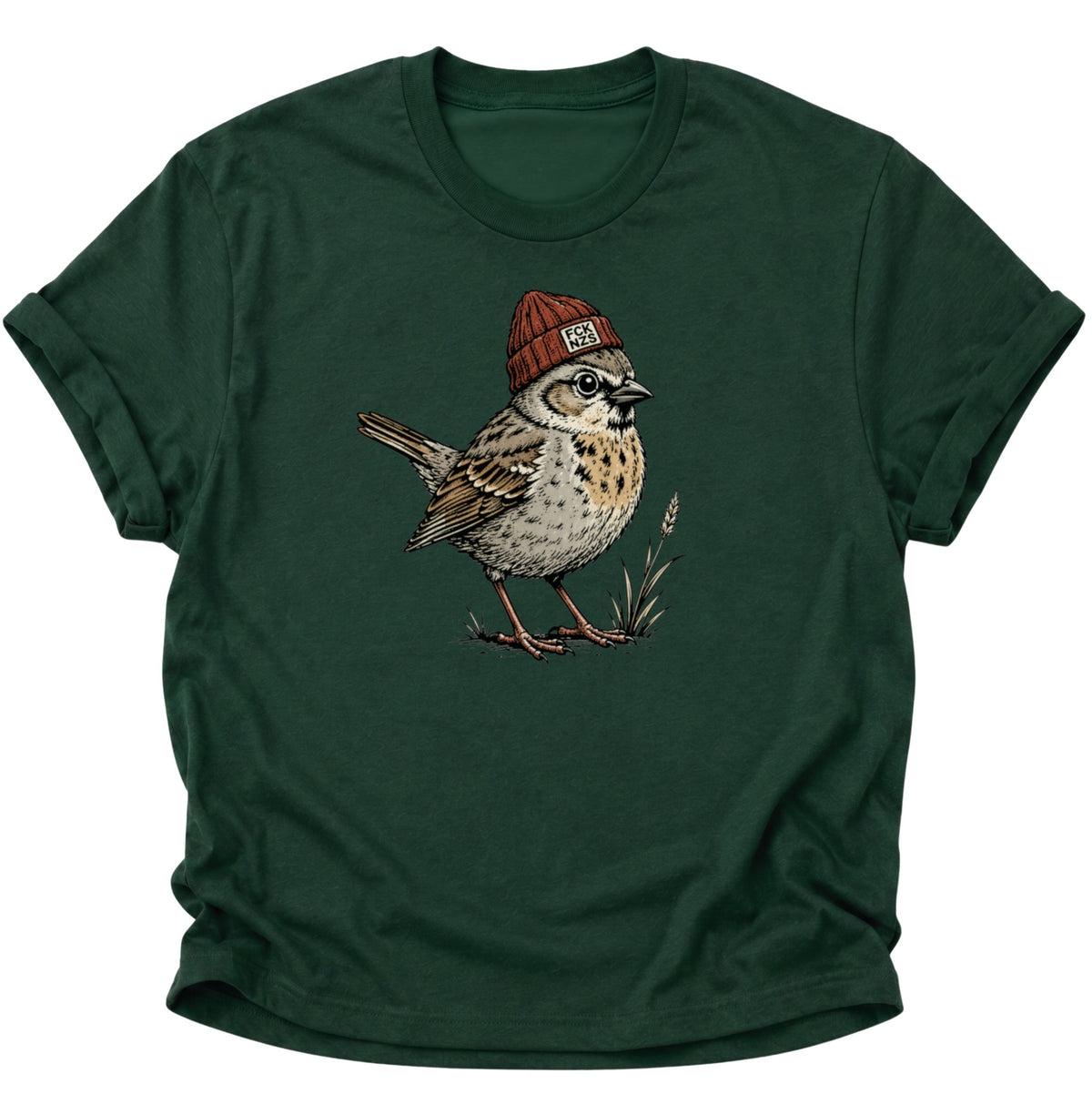 Spatz mit Strickmütze gegen rechts Unisex T-Shirt Forest Green - PINE & RIVER