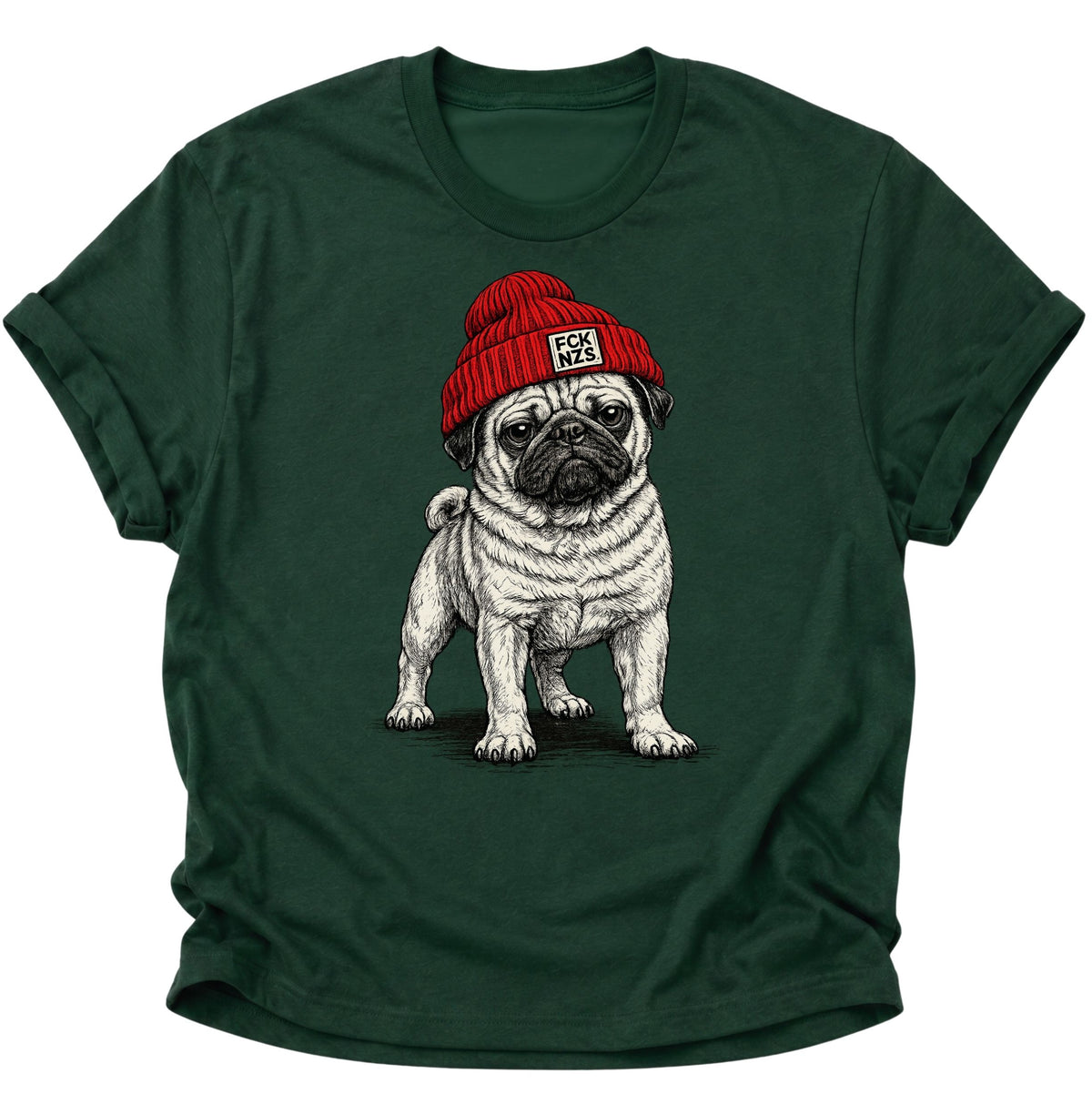 Mops mit Strickmütze gegen rechts Unisex T-Shirt Forest Green - PINE & RIVER