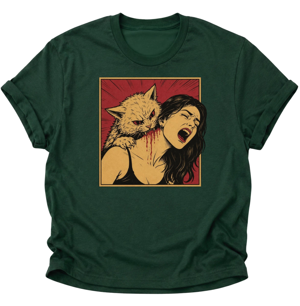 Vampier Katze im Retro-Comic Unisex T-Shirt Forest Green - PINE & RIVER
