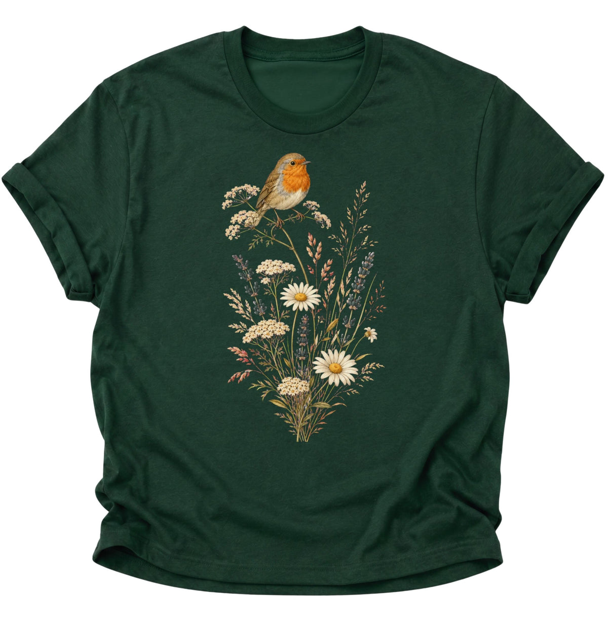 Rotkehlchen auf Wildblumen Unisex T-Shirt Forest Green - PINE & RIVER
