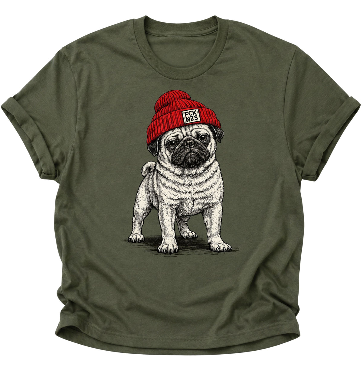 Mops mit Strickmütze gegen rechts Unisex T-Shirt Military Green - PINE & RIVER
