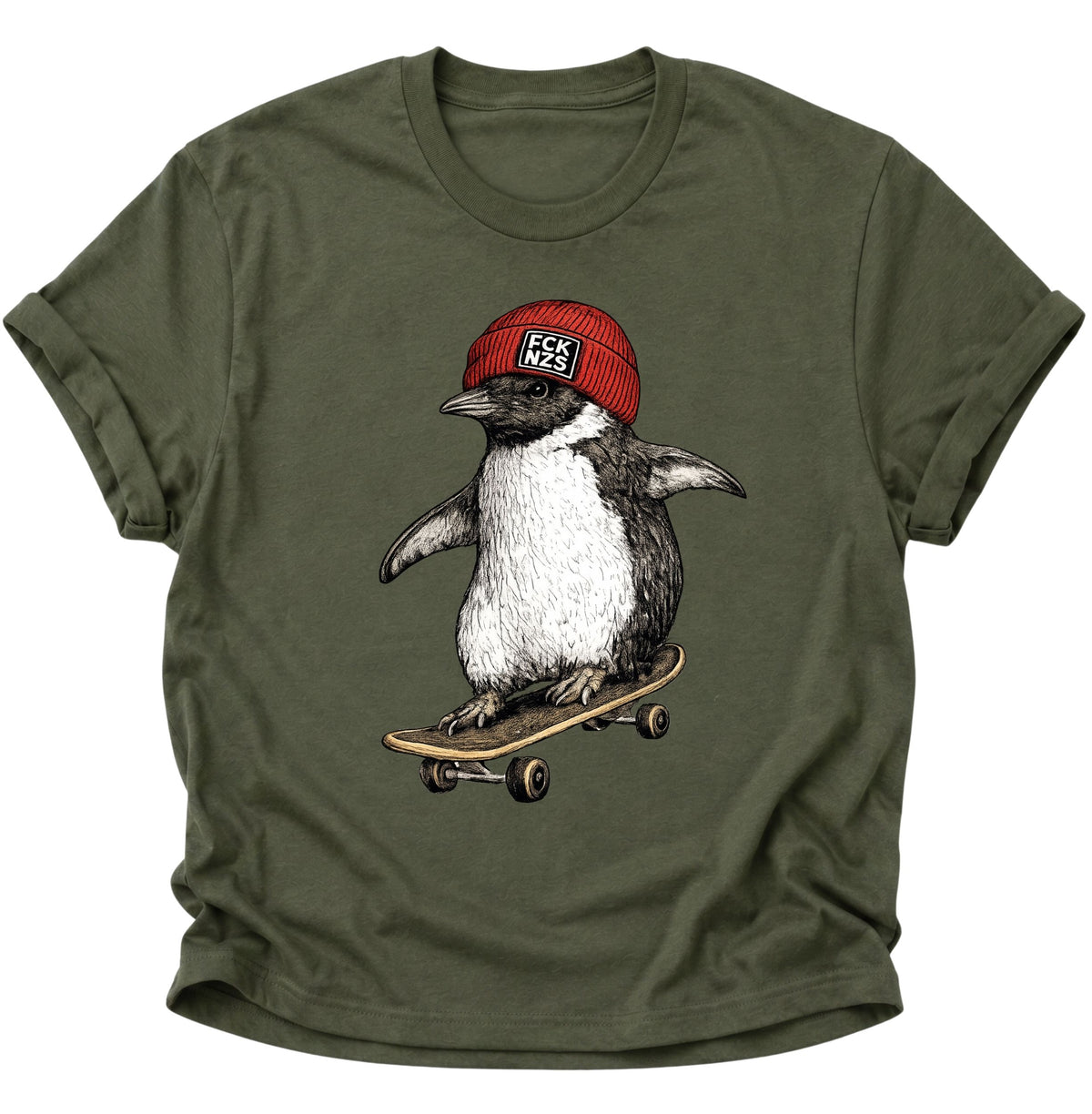 Skateboard-Pinguin gegen rechts Unisex T-Shirt Military Green - PINE & RIVER