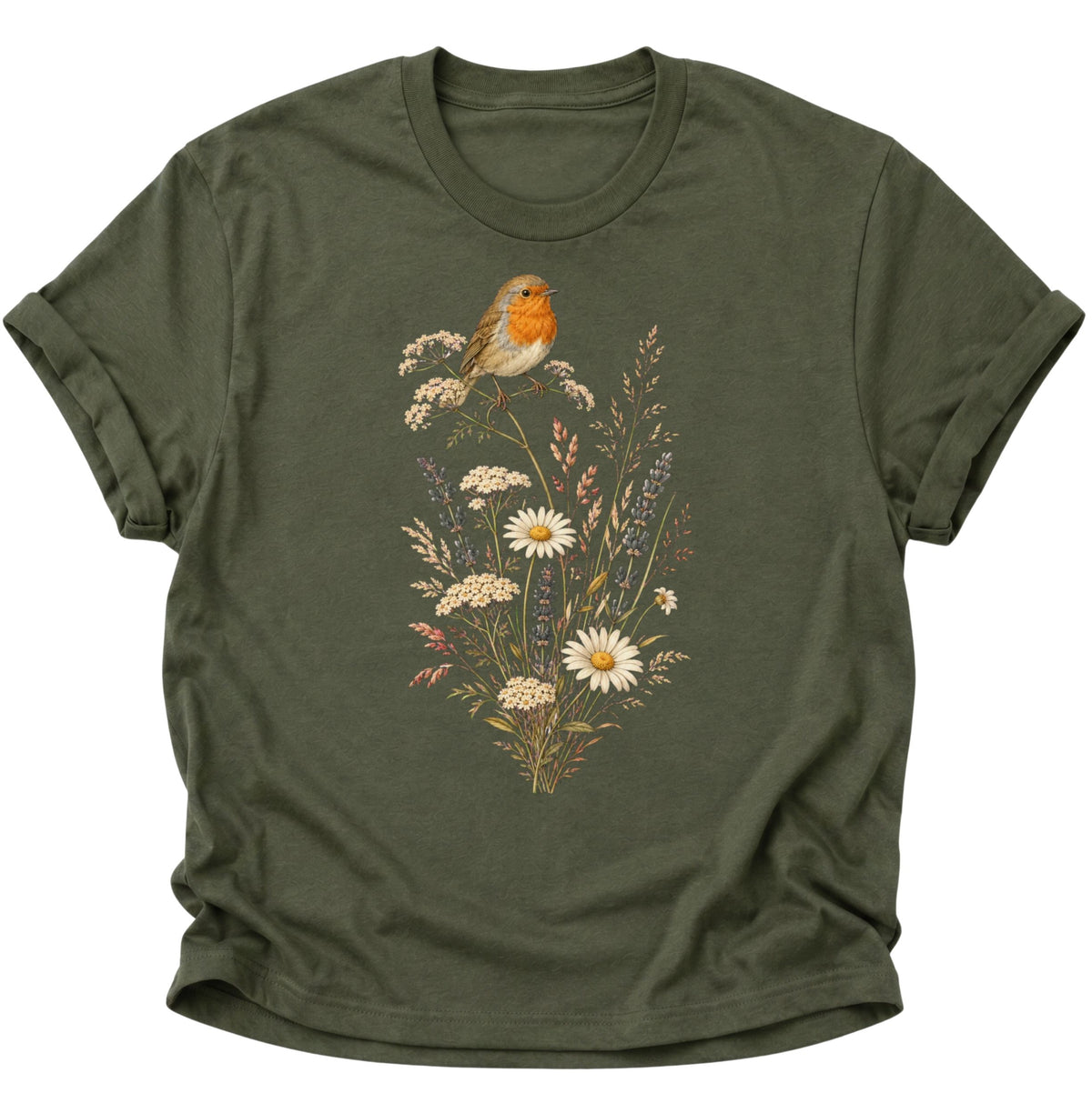 Rotkehlchen auf Wildblumen Unisex T-Shirt Military Green - PINE & RIVER