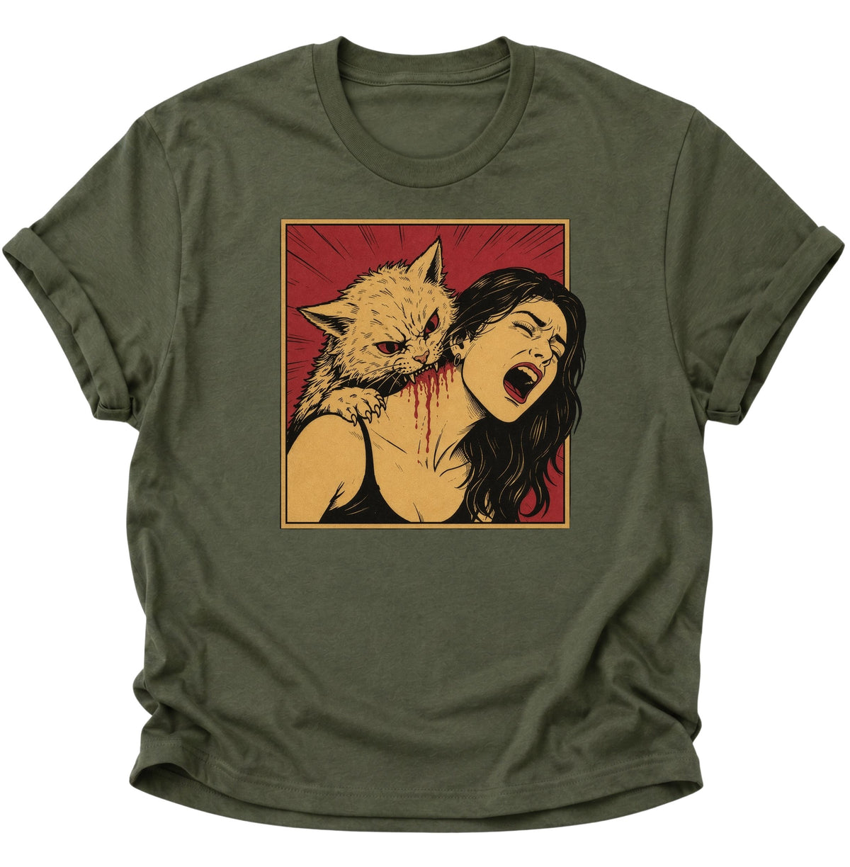 Vampier Katze im Retro-Comic Unisex T-Shirt Military Green - PINE & RIVER