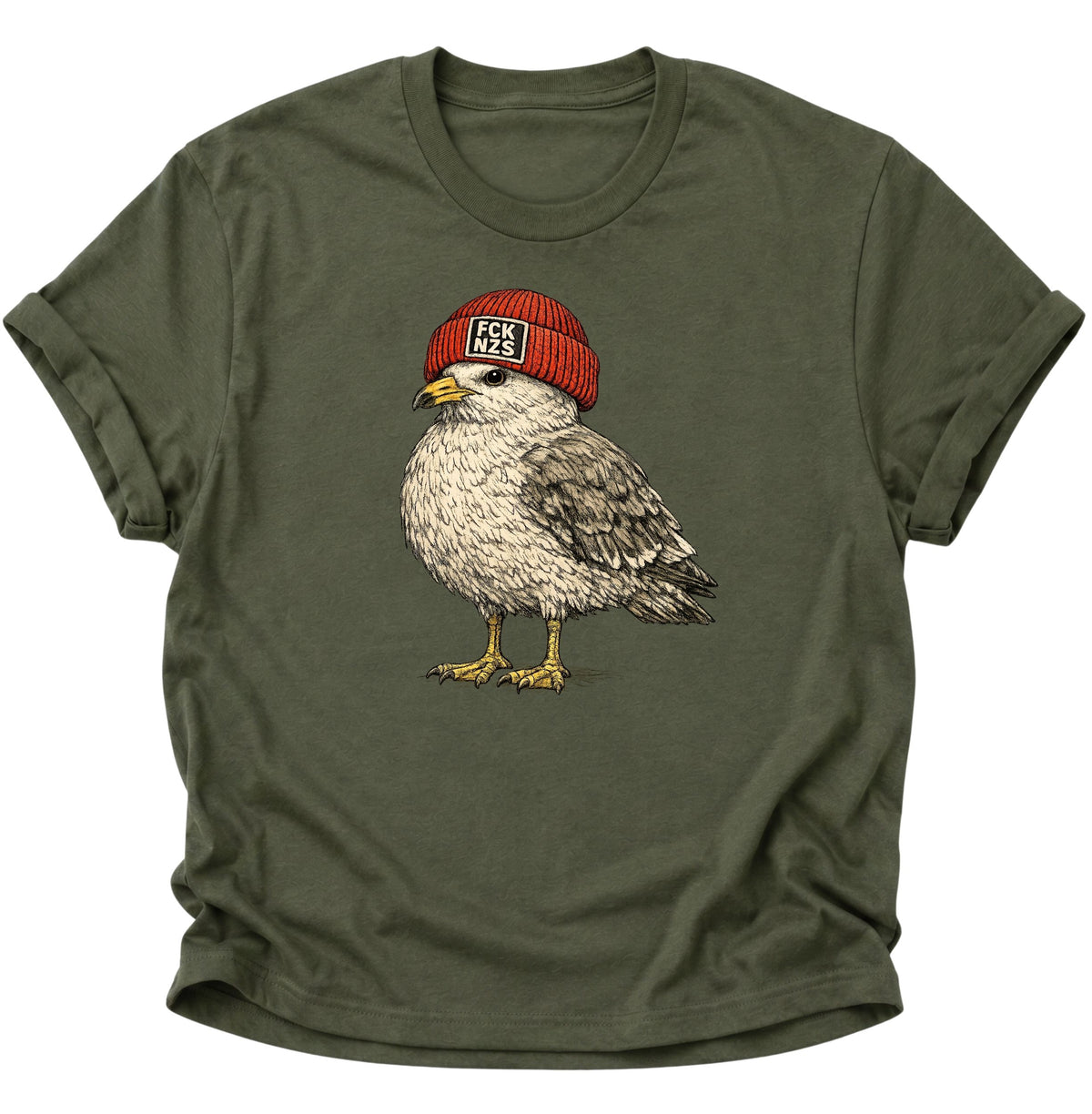 Möwe mit Strickmütze gegen rechts Unisex T-Shirt Military Green - PINE & RIVER