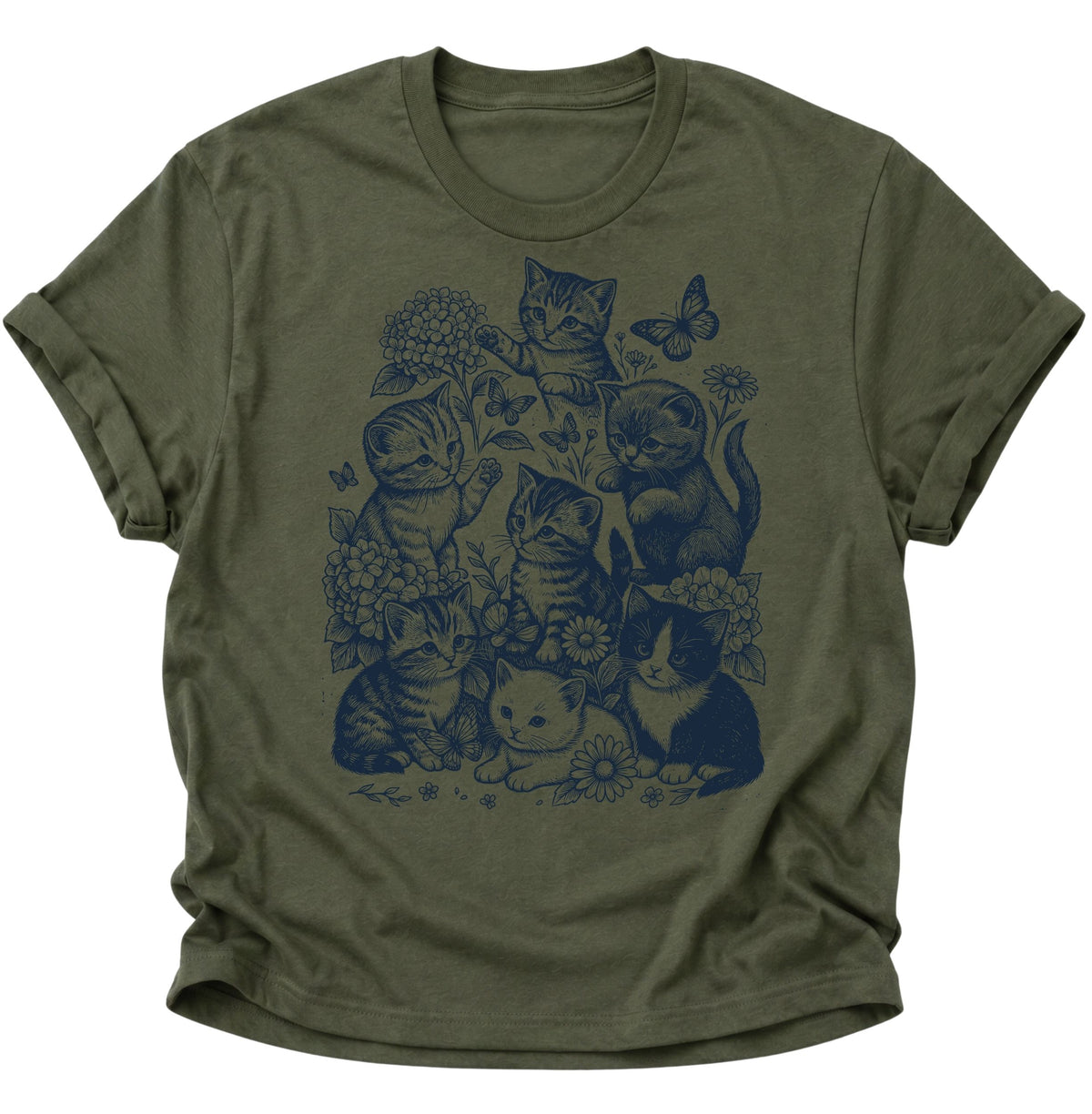 Kätzchen mit Blumen und Schmetterlingen Unisex T-Shirt Military Green - PINE & RIVER