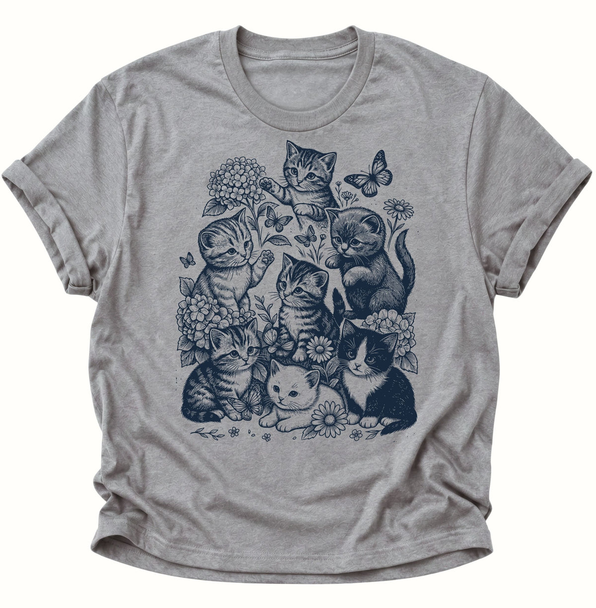 Kätzchen mit Blumen und Schmetterlingen Unisex T-Shirt Sport Grey - PINE & RIVER
