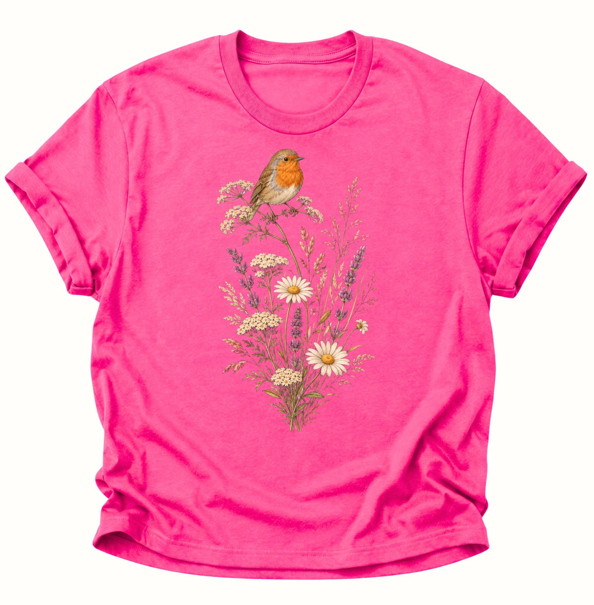 Rotkehlchen auf Wildblumen Unisex T-Shirt Heliconia - PINE & RIVER