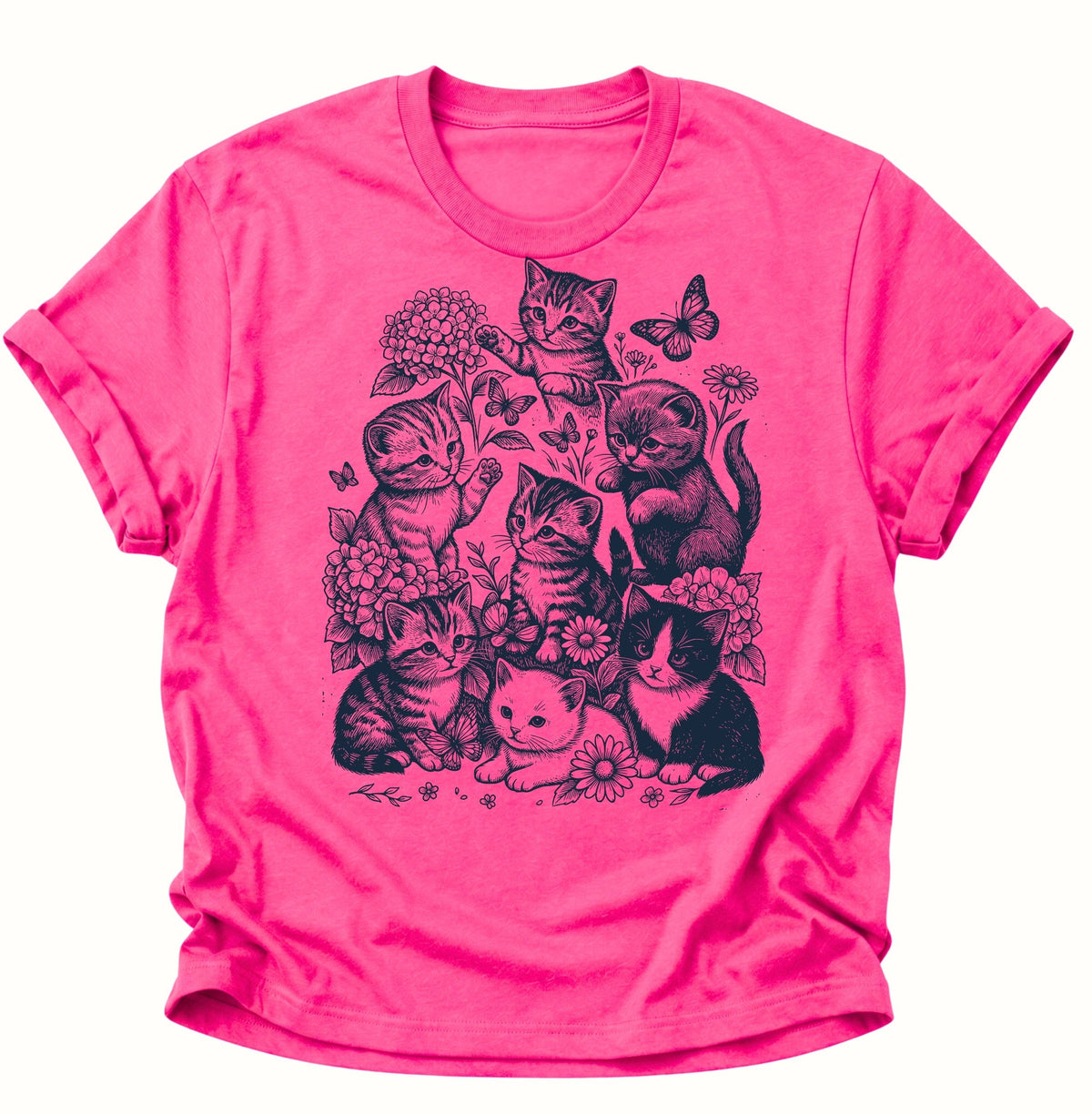 Kätzchen mit Blumen und Schmetterlingen Unisex T-Shirt Heliconia - PINE & RIVER