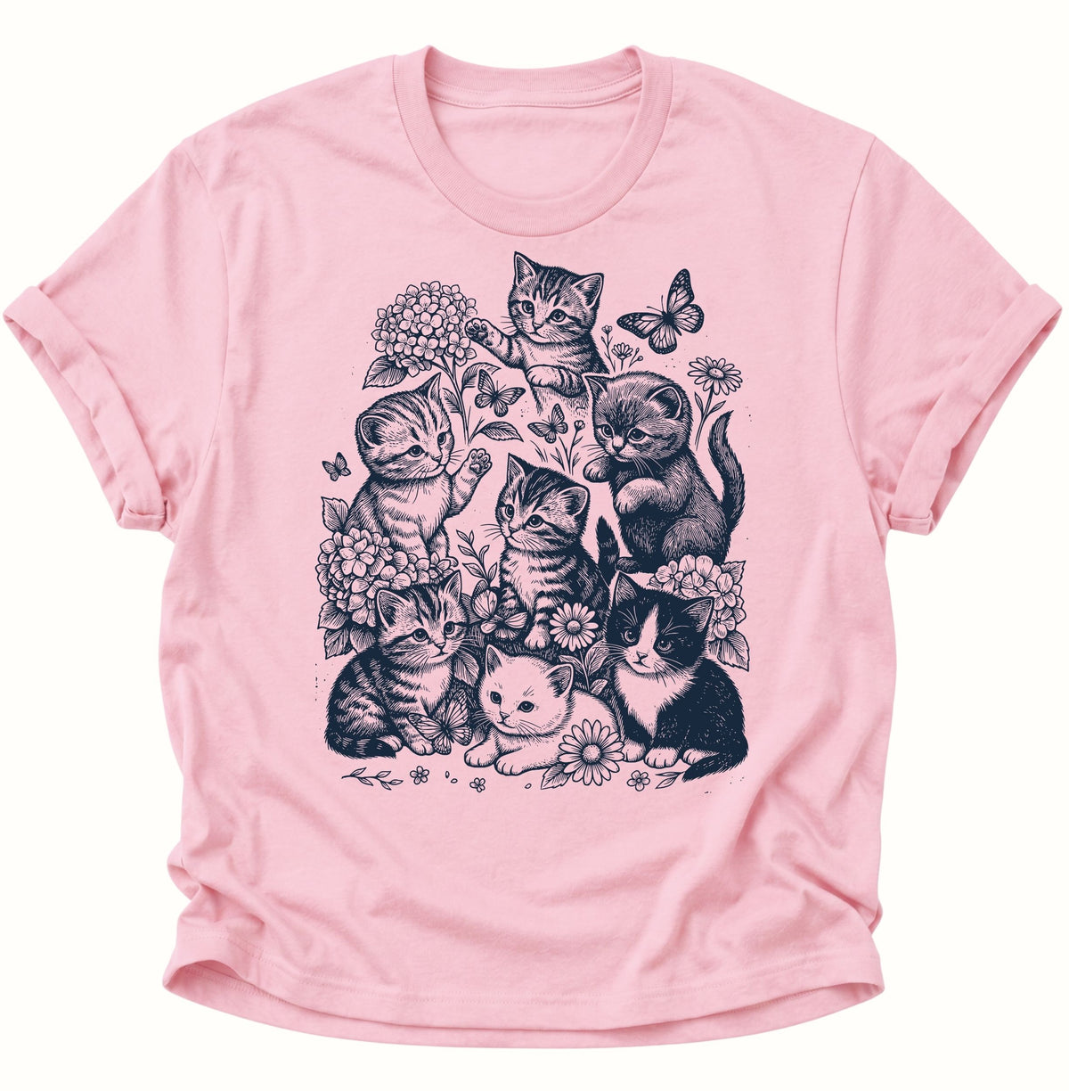 Kätzchen mit Blumen und Schmetterlingen Unisex T-Shirt Light Pink - PINE & RIVER