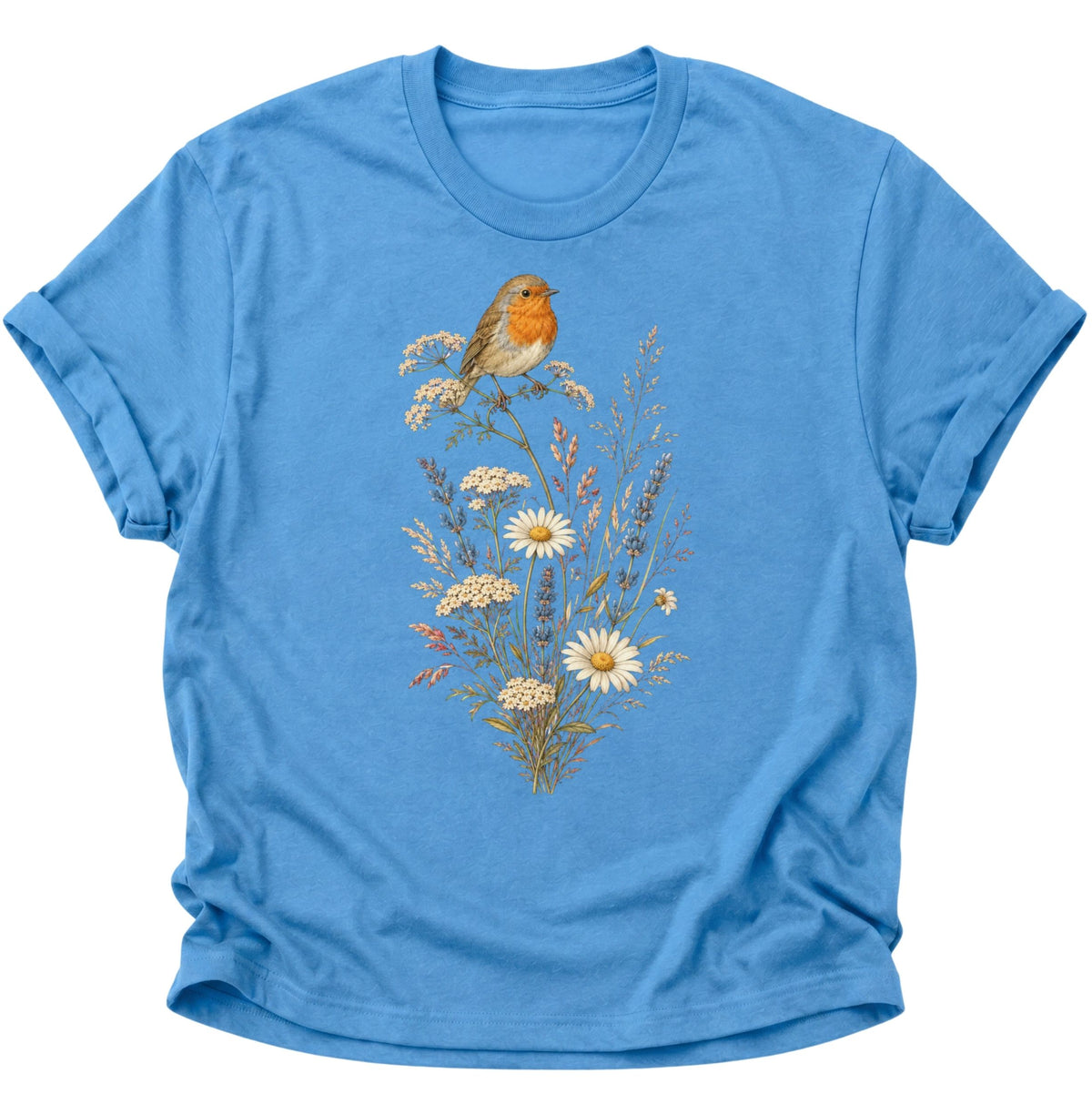 Rotkehlchen auf Wildblumen Unisex T-Shirt Carolina Blue - PINE & RIVER
