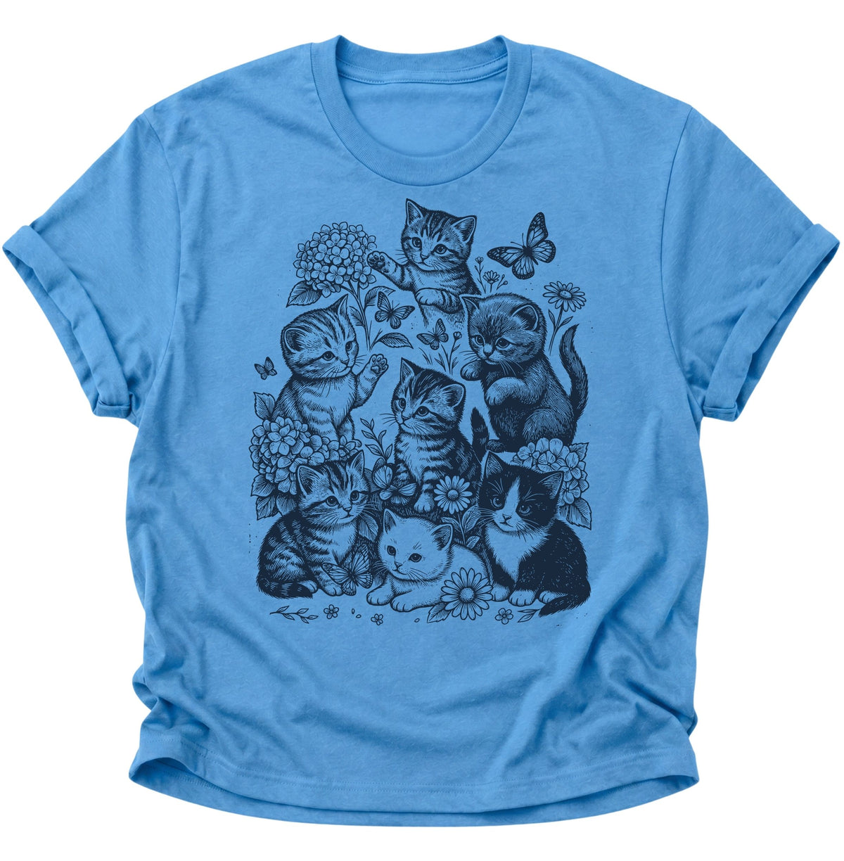 Kätzchen mit Blumen und Schmetterlingen Unisex T-Shirt Carolina Blue - PINE & RIVER