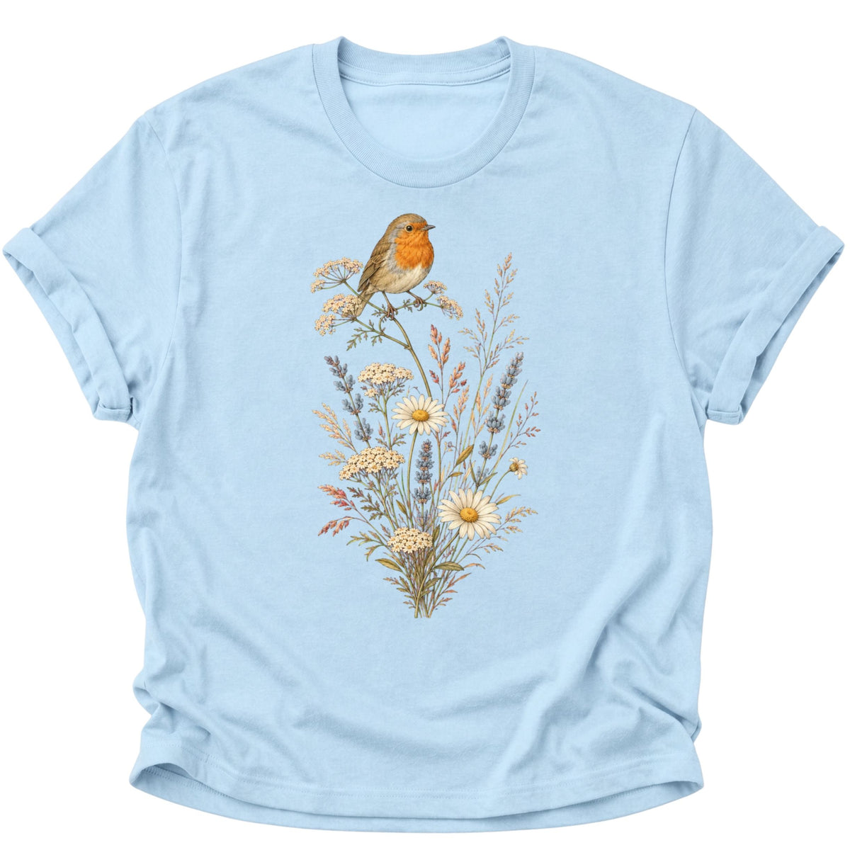 Rotkehlchen auf Wildblumen Unisex T-Shirt Light Blue - PINE & RIVER