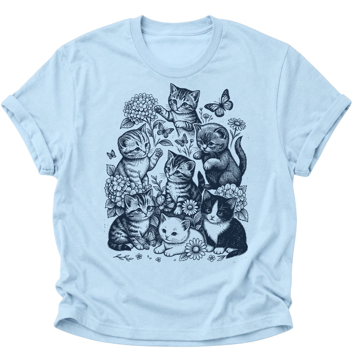 Kätzchen mit Blumen und Schmetterlingen Unisex T-Shirt Light Blue - PINE & RIVER