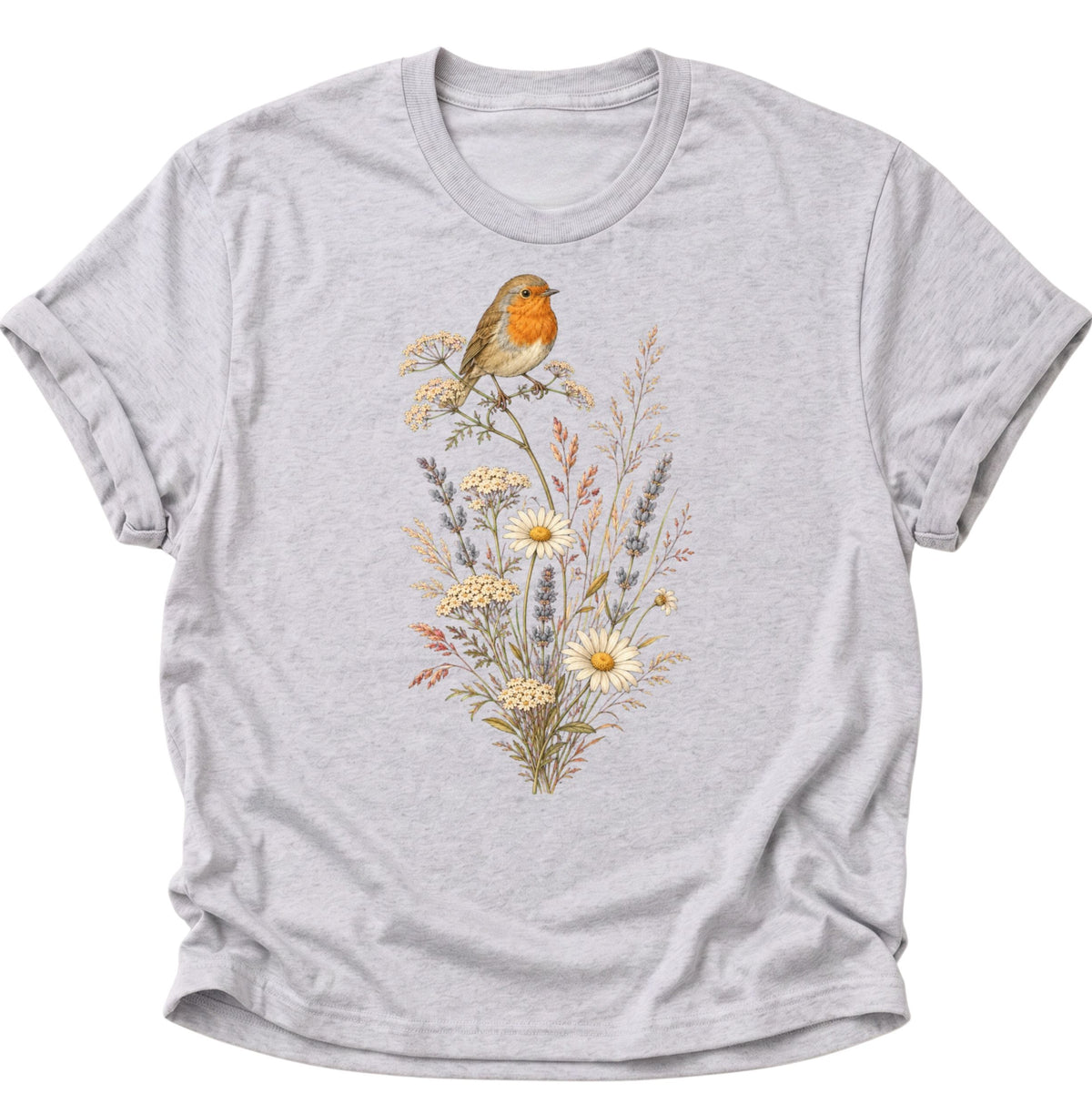 Rotkehlchen auf Wildblumen Unisex T-Shirt Ash Grey - PINE & RIVER