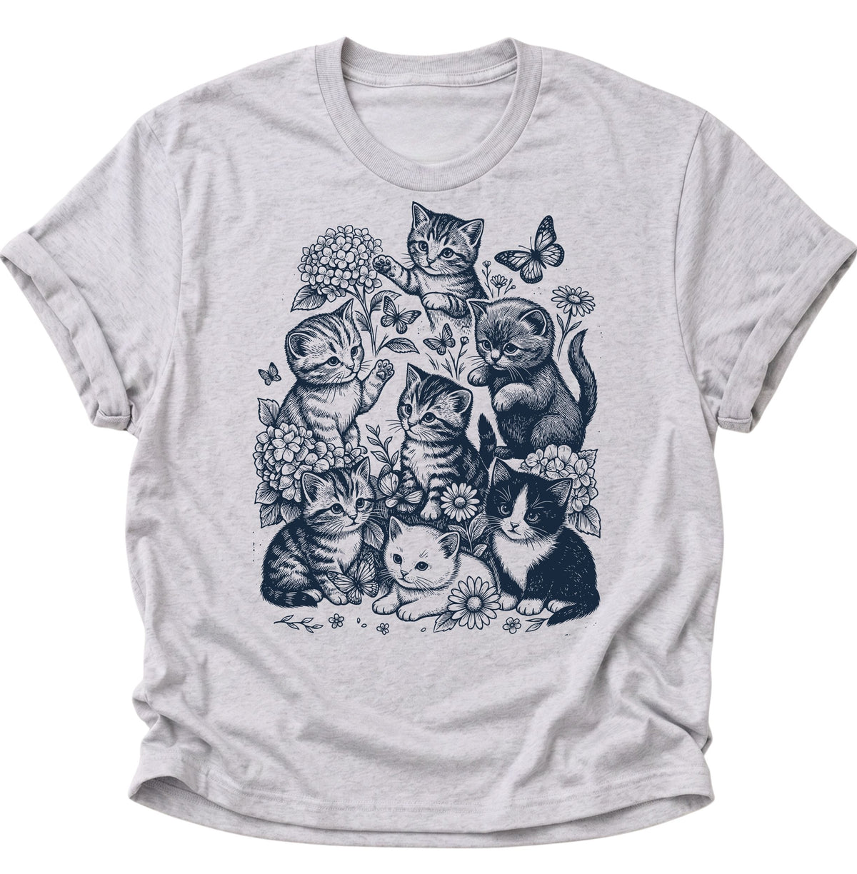 Kätzchen mit Blumen und Schmetterlingen Unisex T-Shirt Ash Grey - PINE & RIVER