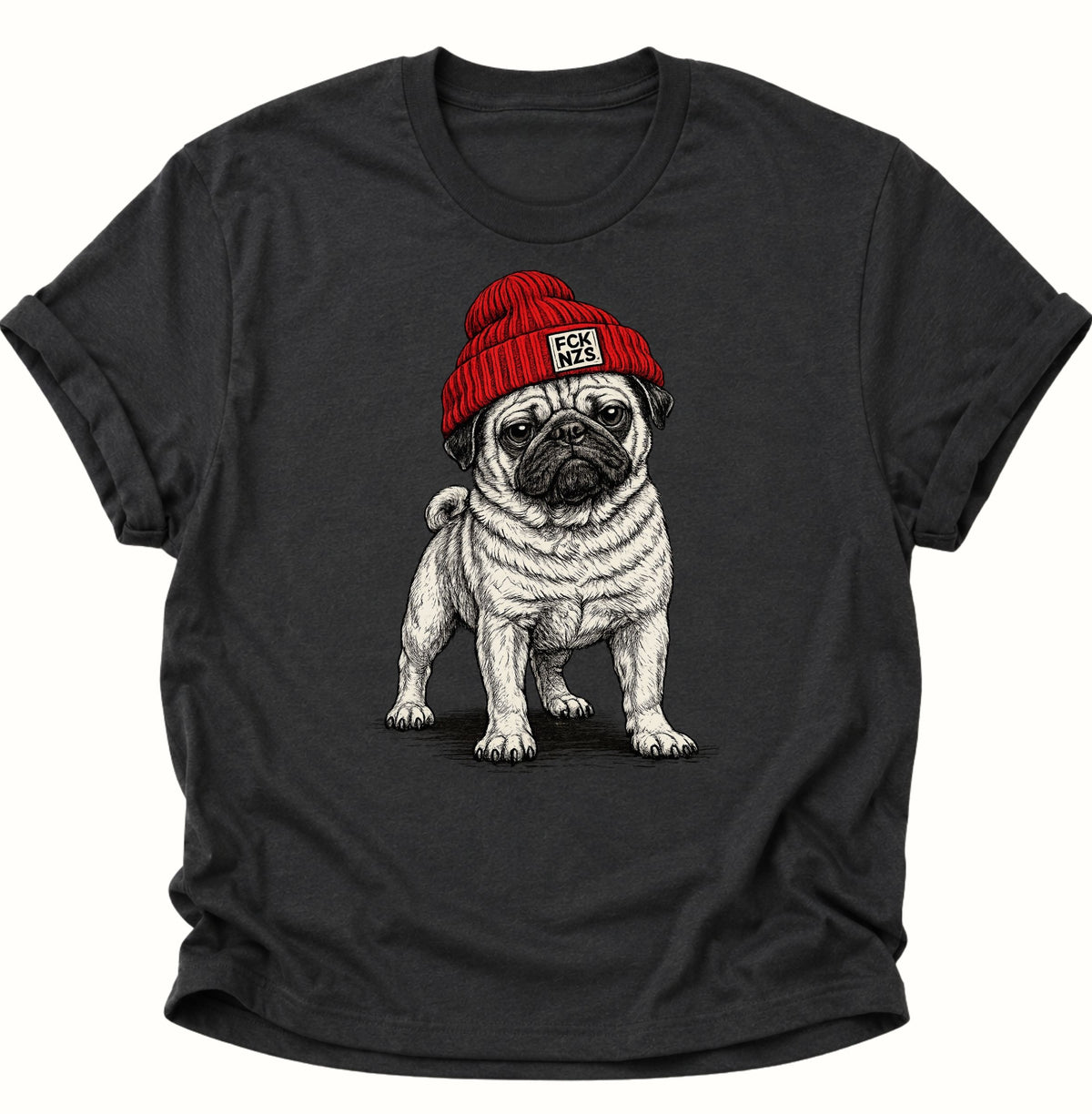 Mops mit Strickmütze gegen rechts Unisex T-Shirt Schwarz - PINE & RIVER