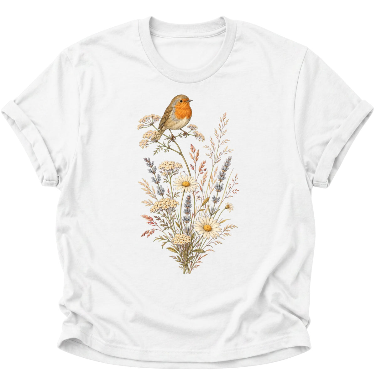 Rotkehlchen auf Wildblumen Unisex T-Shirt Weiß - PINE & RIVER
