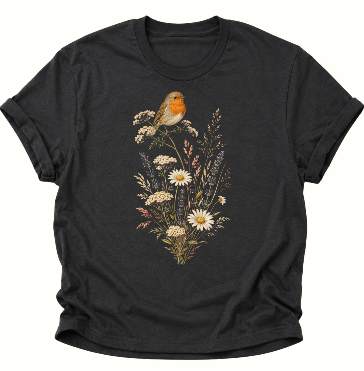 Rotkehlchen auf Wildblumen Unisex T-Shirt Schwarz - PINE & RIVER