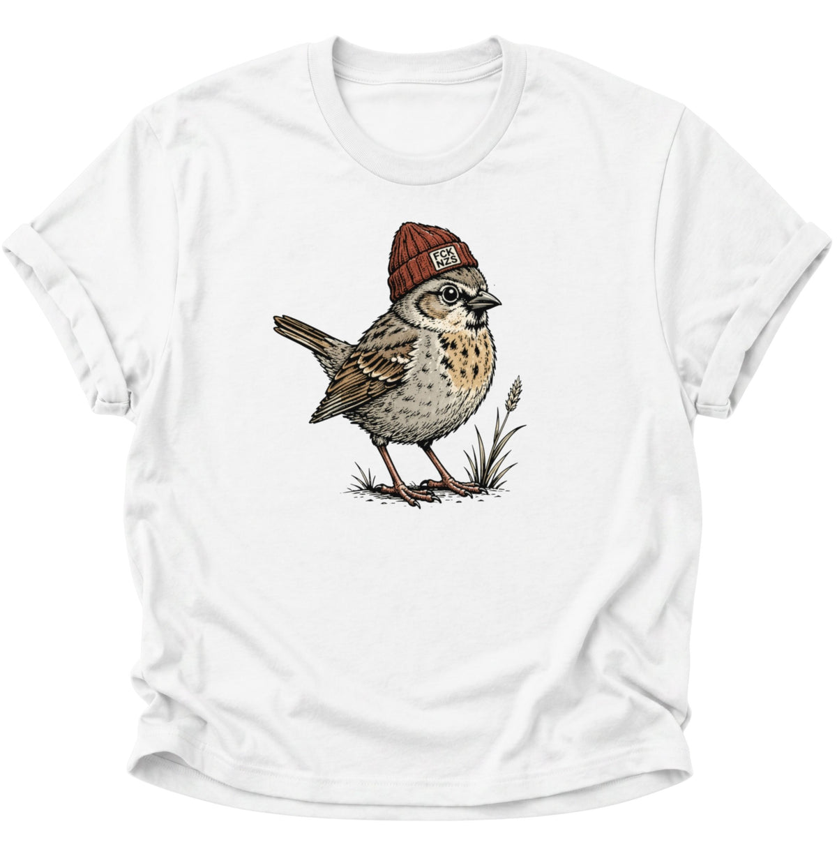 Spatz mit Strickmütze gegen rechts Unisex T-Shirt Weiß - PINE & RIVER