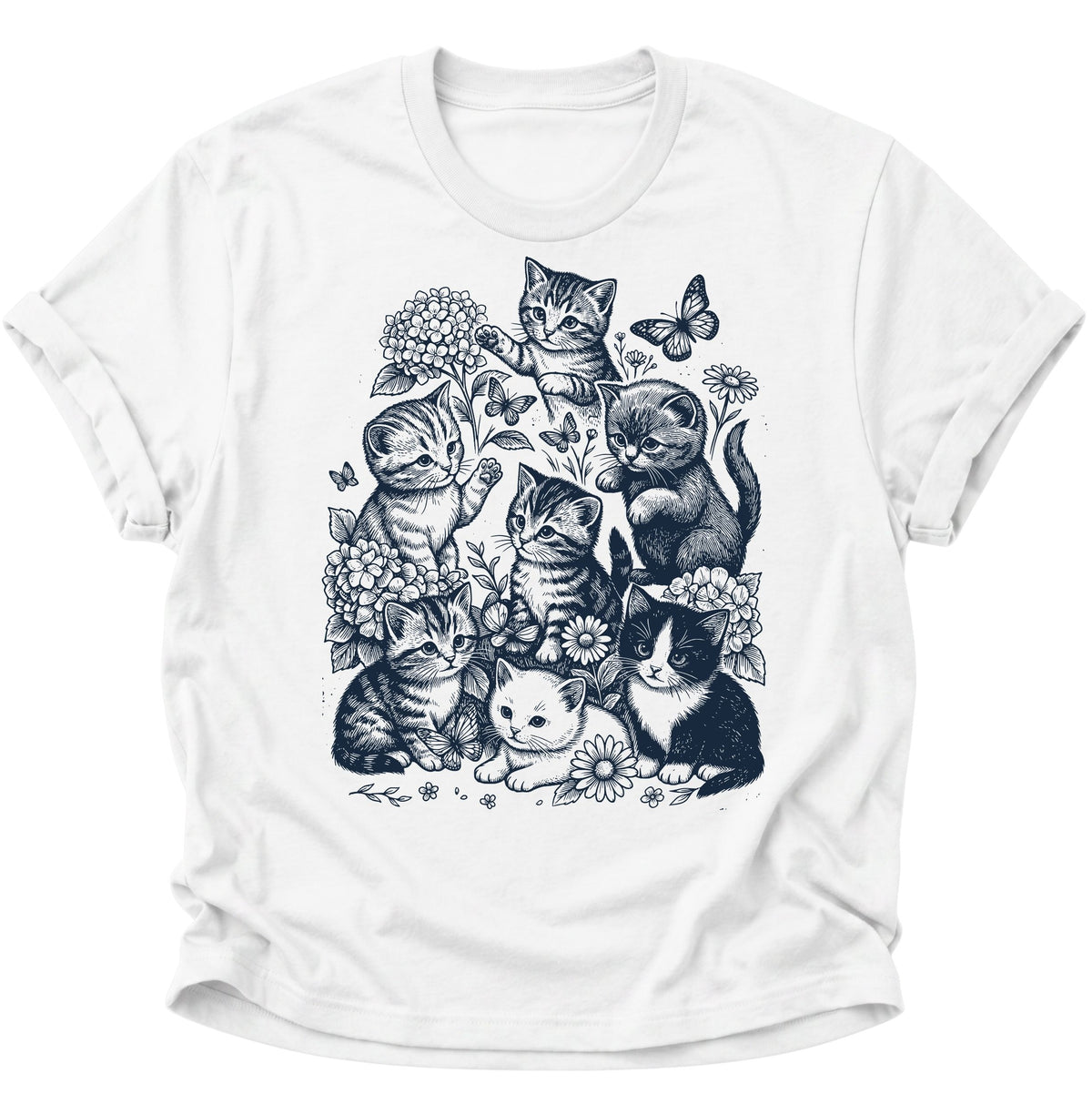 Kätzchen mit Blumen und Schmetterlingen Unisex T-Shirt Weiß - PINE & RIVER