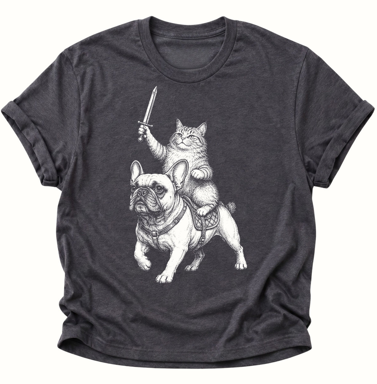 Katzenritter auf Bulldogge Unisex T-Shirt Dark Heather - PINE & RIVER