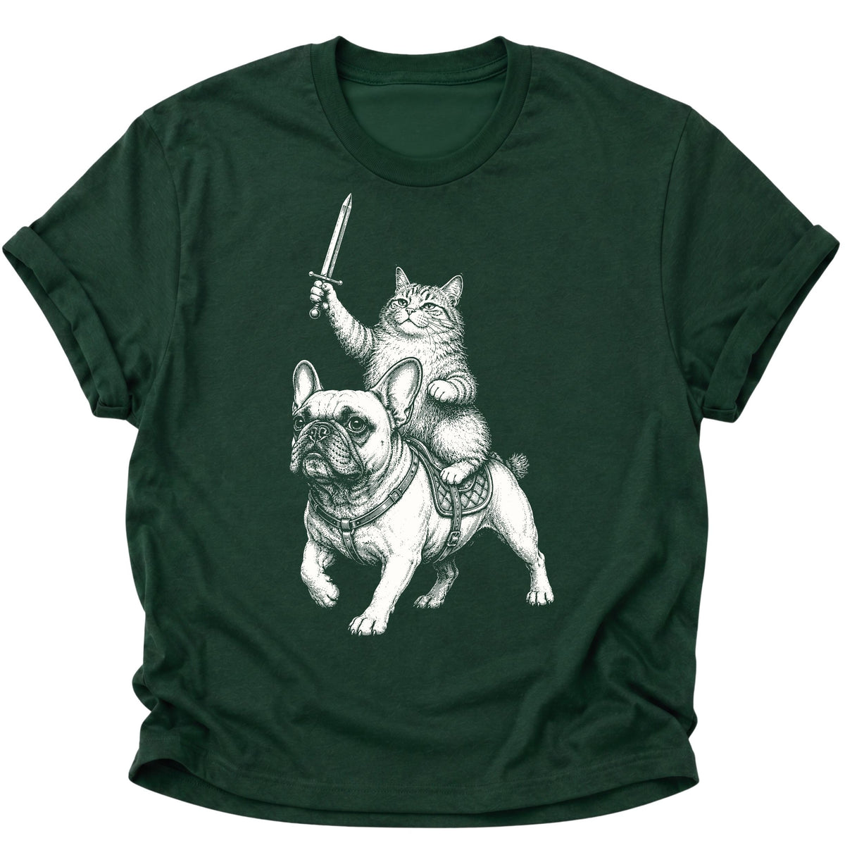 Katzenritter auf Bulldogge Unisex T-Shirt Forest Green - PINE & RIVER