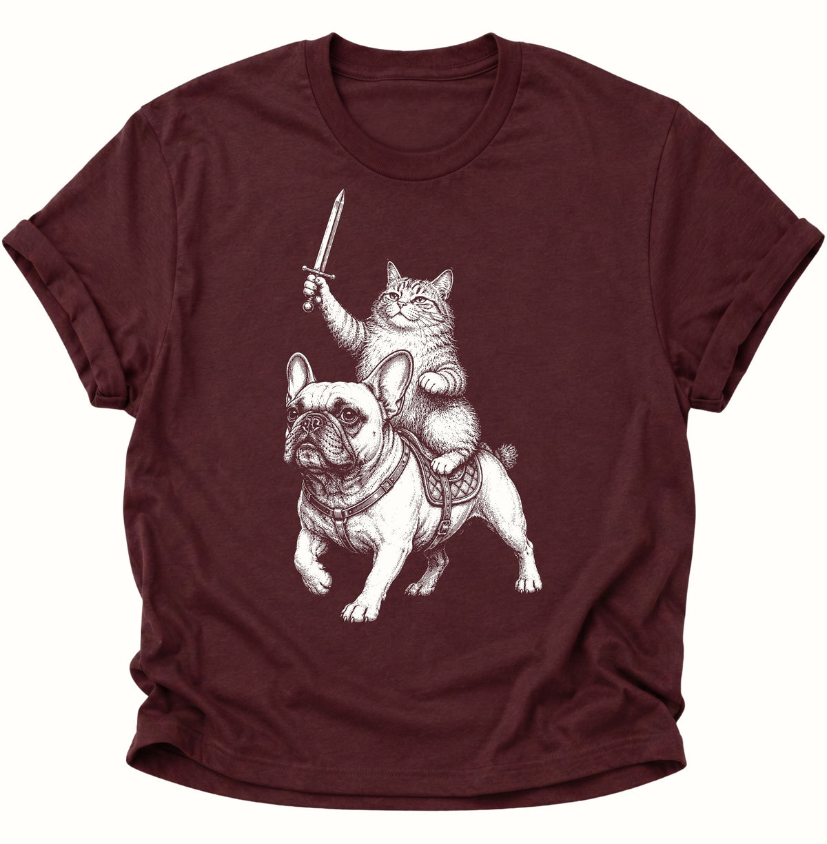 Katzenritter auf Bulldogge Unisex T-Shirt Maroon - PINE & RIVER