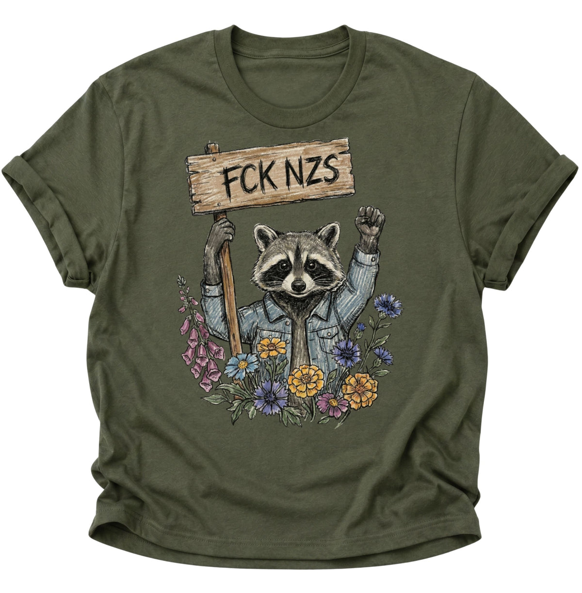 Anti Nazi Waschbär Unisex T-Shirt Military Green - PINE & RIVER