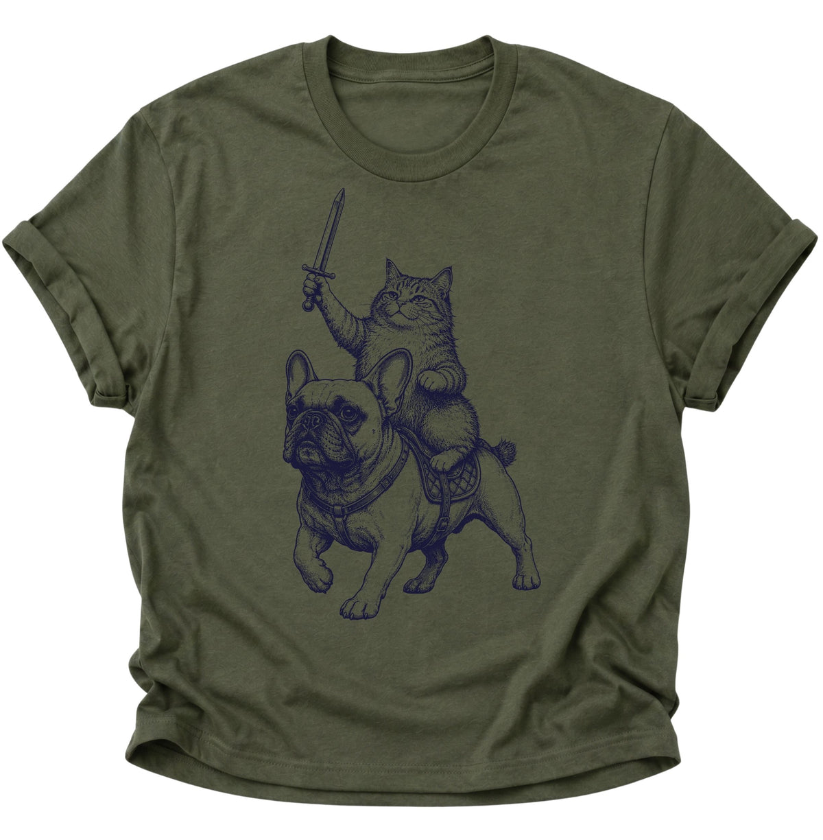 Katzenritter auf Bulldogge Unisex T-Shirt Military Green - PINE & RIVER