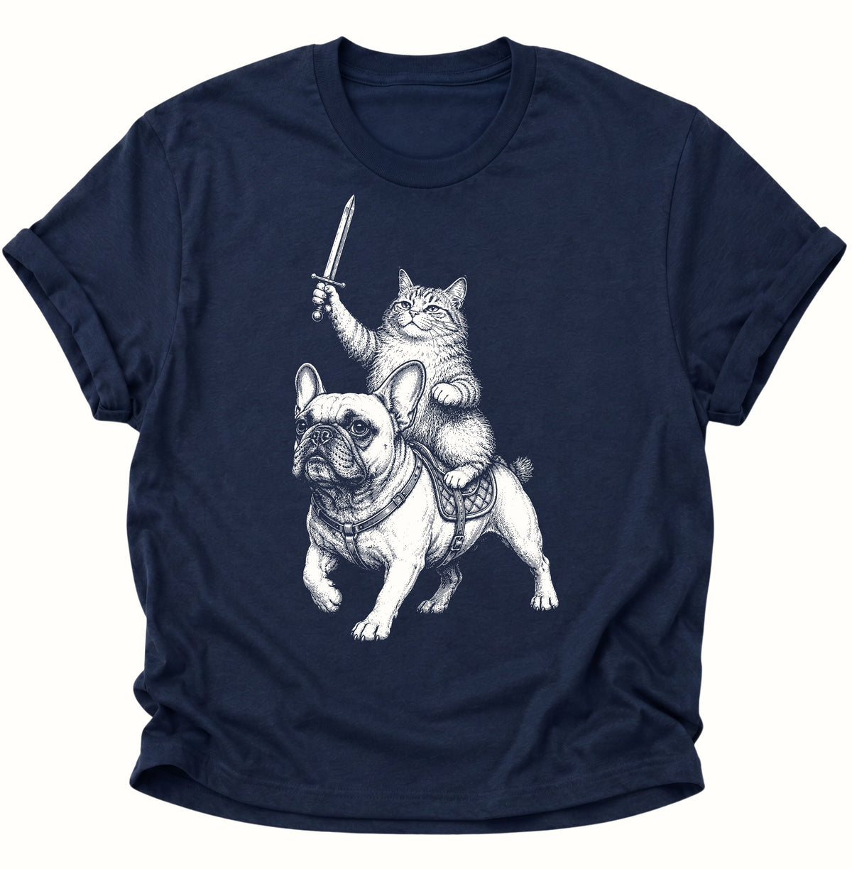 Katzenritter auf Bulldogge Unisex T-Shirt Navy Blue - PINE & RIVER