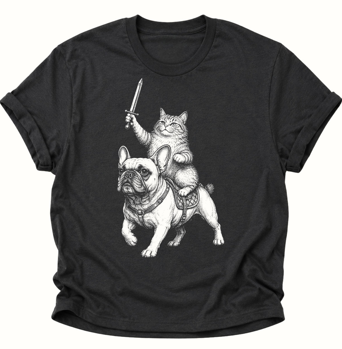 Katzenritter auf Bulldogge Unisex T-Shirt Schwarz - PINE & RIVER