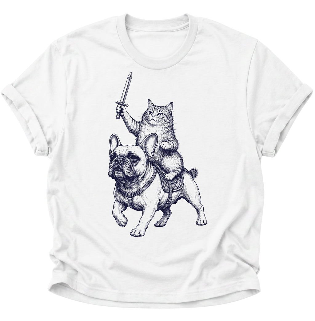 Katzenritter auf Bulldogge Unisex T-Shirt Weiß - PINE & RIVER